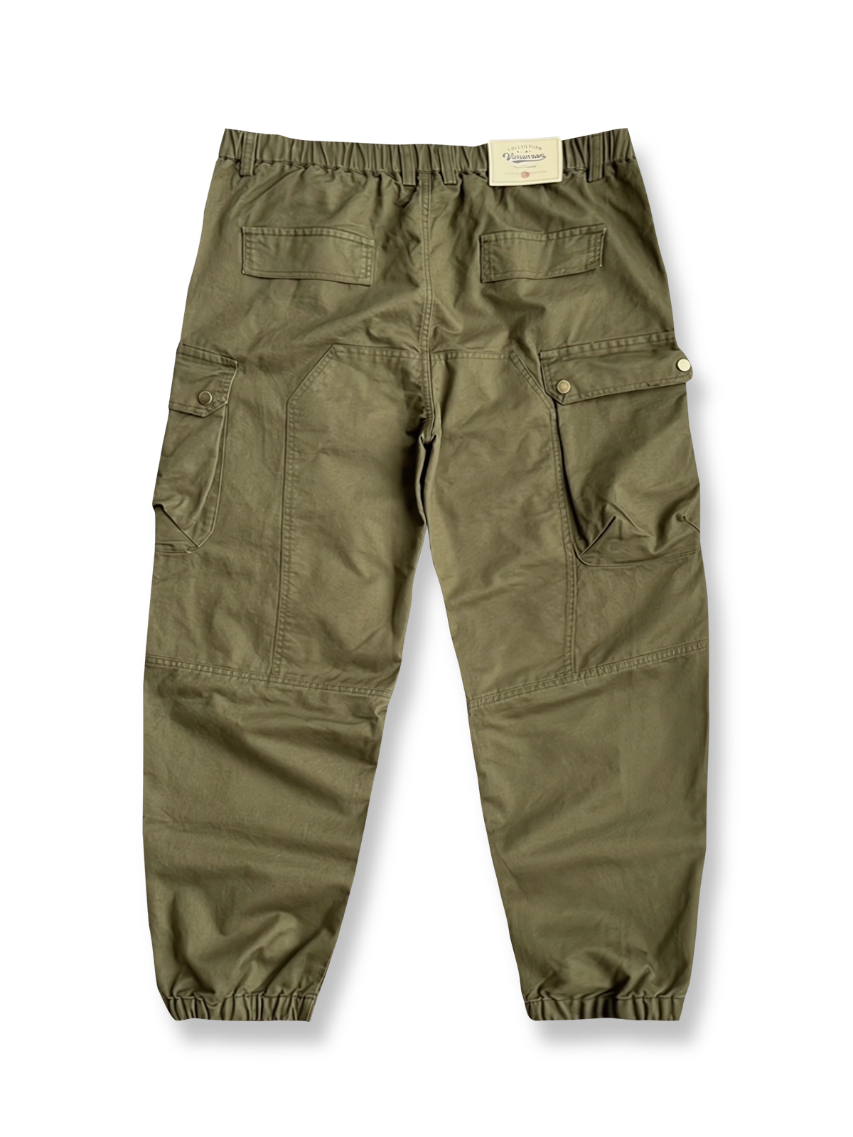 製品画像:立体裁断デザイン、多機能ポケット付きの100%コットンワークパンツの製品全体の画像
詳細画像:立体裁断ワークパンツの多機能ポケットと裾ゴム仕様ディテール部分