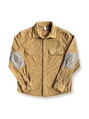 製品画像: コーデュロイ素材の肘パッチ付きワークシャツ 秋冬向けのレトロデザインと機能性を両立したアイテム
詳細画像: 肘パッチとコーデュロイ生地のディテール 耐久性とスタイルを兼ね備えたワークシャツ