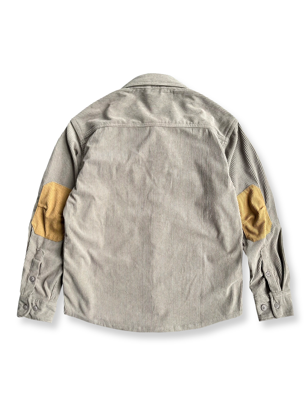 製品画像: コーデュロイ素材の肘パッチ付きワークシャツ 秋冬向けのレトロデザインと機能性を両立したアイテム
詳細画像: 肘パッチとコーデュロイ生地のディテール 耐久性とスタイルを兼ね備えたワークシャツ