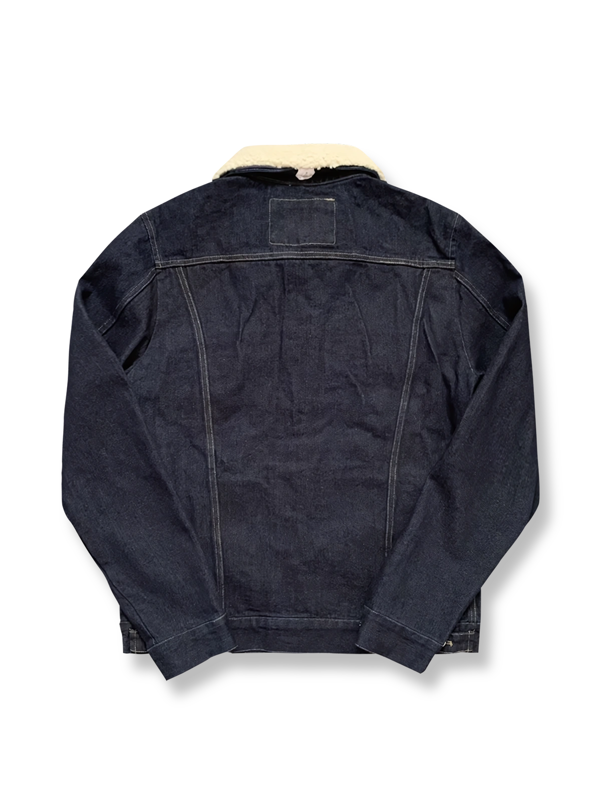 製品画像: 取り外し可能なシープウール襟付きウェスタン風デニムジャケットの全体像
詳細画像: シープウールのダブルレイヤー襟と取り外し可能なデザインのディテール
