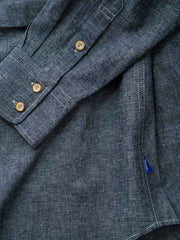 製品画像: ネップ糸セーラーカラー ヴィンテージワークシャツ
詳細画像: セーラーカラー ネップ糸リネンコットンワークシャツのディテールとダブルステッチ