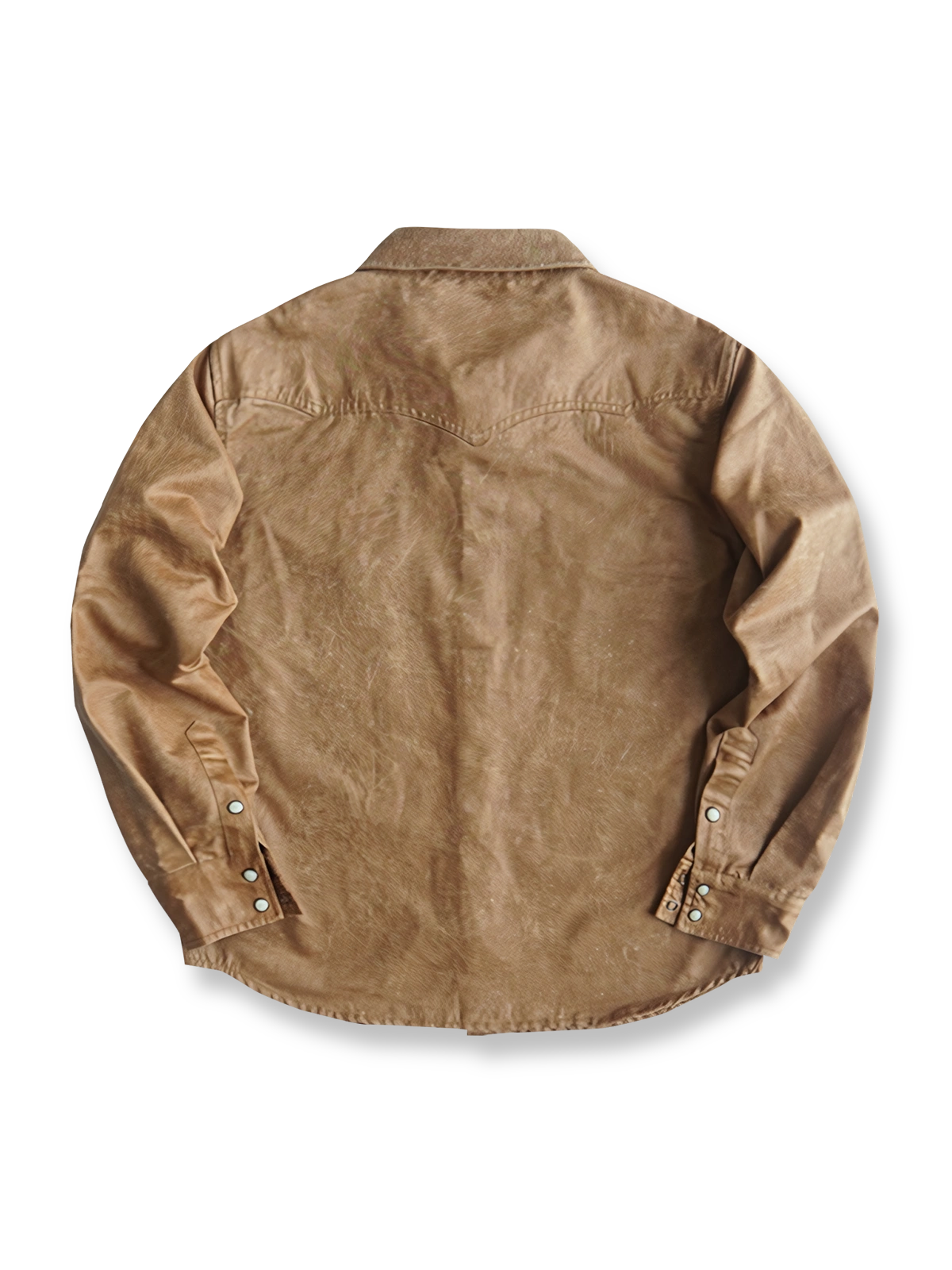 製品画像: フェイクレザー ウエスタン風 長袖シャツ
詳細画像: ウエスタン風チェーンステッチとウォッシュ加工のディテール