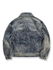 製品画像: 抜染加工ヴィンテージデニムジャケット、100%コットン、クラシックデザイン
詳細画像: 銅製ボタンとストレートヘムの抜染デニムジャケットのディテール特写