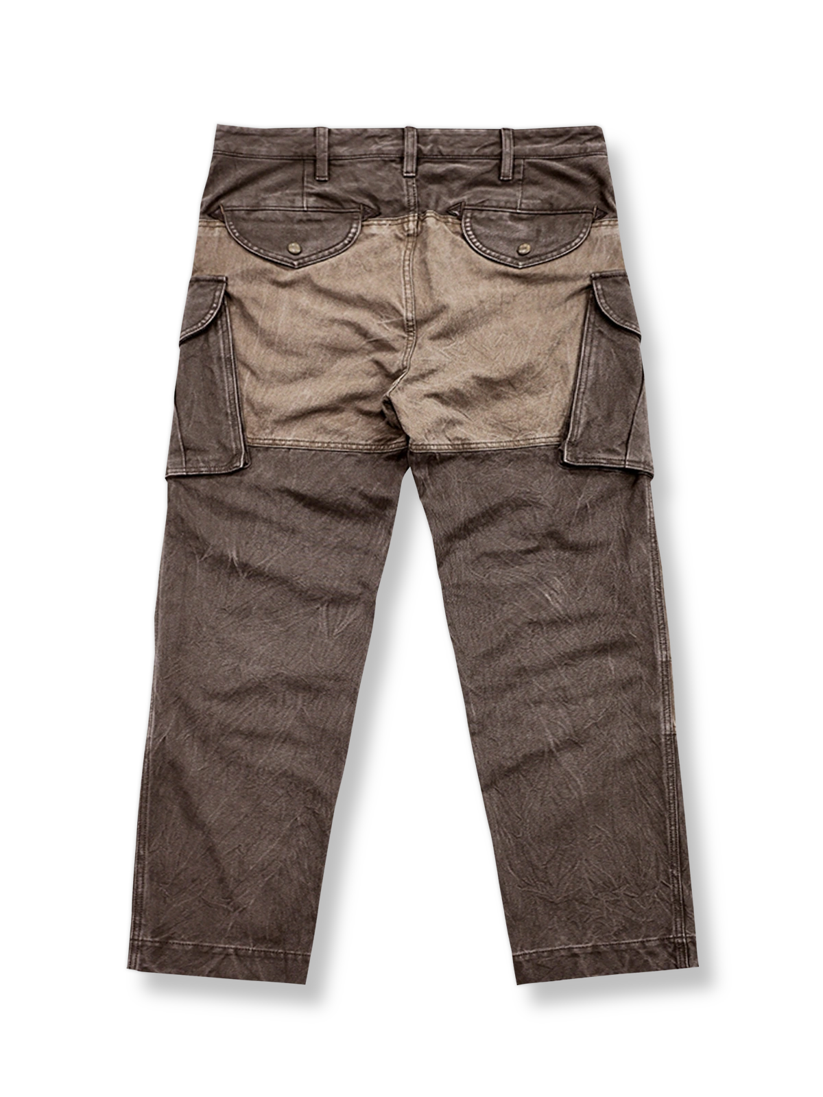 製品画像: ヴィンテージ パッチワーク ストレート ワークパンツの正面デザイン
詳細画像: パッチワークとヴィンテージ加工が施されたストレートワークパンツのディテール