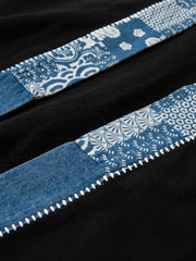 製品画像: ヴィンテージ パッチワーク ノーカラー はんてん、100% コットン、エレガントなブループリント、ヴィンテージスタイル、クラシックデザイン
詳細画像: パッチワークデザインとクラシックな前立てを特徴とするヴィンテージ パッチワーク ノーカラー はんてんのディテール
モデル画像: ヴィンテージスタイルのパッチワーク ノーカラー はんてんを着用したモデル、文化的なプリントデザイン、100% コットン