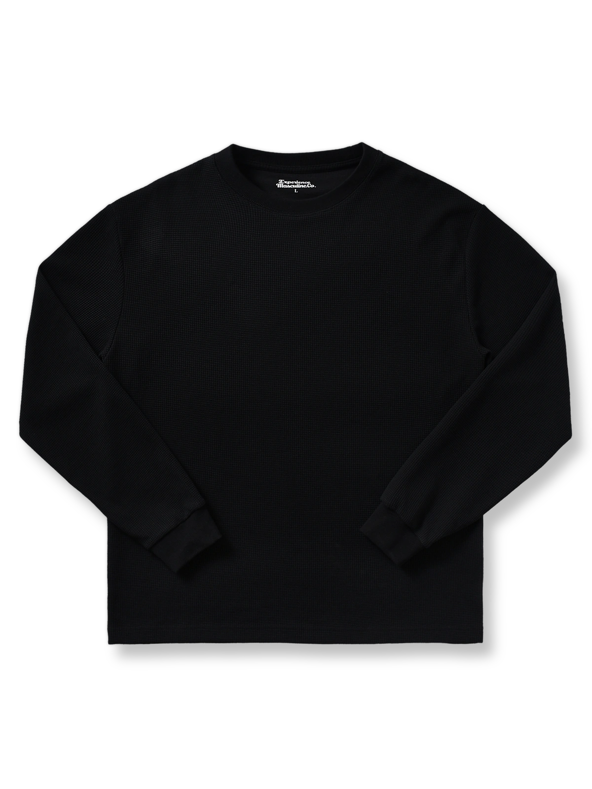 製品画像: ワッフルクルーネック カジュアルTシャツの正面ビュー
詳細画像: ワッフル生地のディテールとシルケット加工の質感を強調した特写