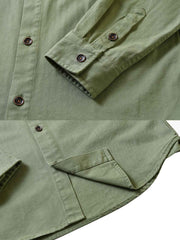 シャツの生地ディテールとメタルボタンの展示