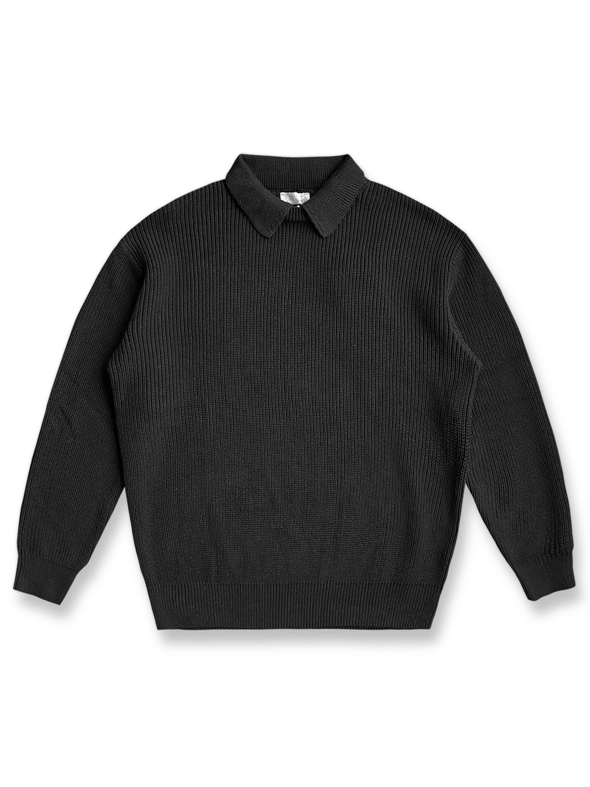 製品画像: 襟付きレイヤードニットプルオーバーの平置き画像
詳細画像: ニットプルオーバーの襟部分のディテール