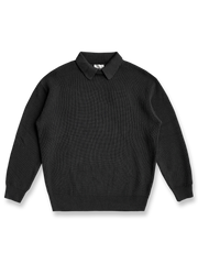 製品画像: 襟付きレイヤードニットプルオーバーの平置き画像
詳細画像: ニットプルオーバーの襟部分のディテール