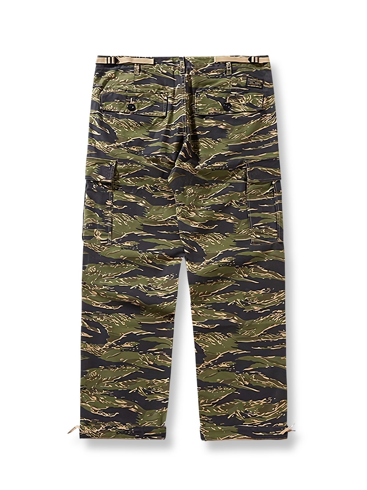 製品画像: タイガーストライプ迷彩M65カーゴパンツの平置き画像
詳細画像: カーゴパンツの多機能ポケットとタイガーストライプ迷彩のディテール画像