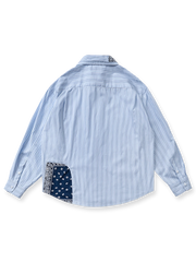 製品画像: 民族風ペイズリーパッチワークブルーストライプ長袖シャツの平置き画像
詳細画像: シャツのペイズリー柄パッチワークとストライプデザインのディテール