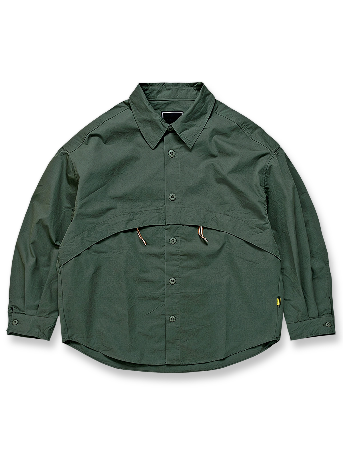 製品画像: リップストップ生地の隠しジッパーポケット付きワークシャツの平置き画像
詳細画像: ワークシャツの隠しジッパーポケットのディテール画像