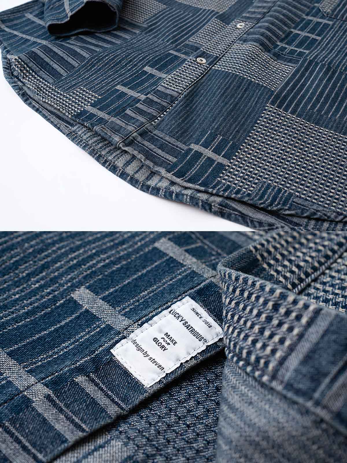 製品画像: ヴィンテージ不規則パッチワークデニム長袖シャツの平置き画像
詳細画像: デニムシャツの不規則パッチワークディテール