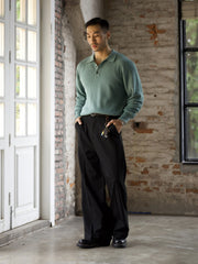 ワッフル柄ポロネック長袖Tシャツ