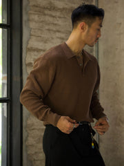 ワッフル柄ポロネック長袖Tシャツ