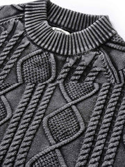 製品画像: ヘビーウェイトツイストケーブルセーラーセミハイネックセーターの平置き画像 - アメカジ風デザインと立体的なケーブル編み
詳細画像: セーターのケーブル編みとウォッシュ加工のディテール - ヴィンテージ感を演出