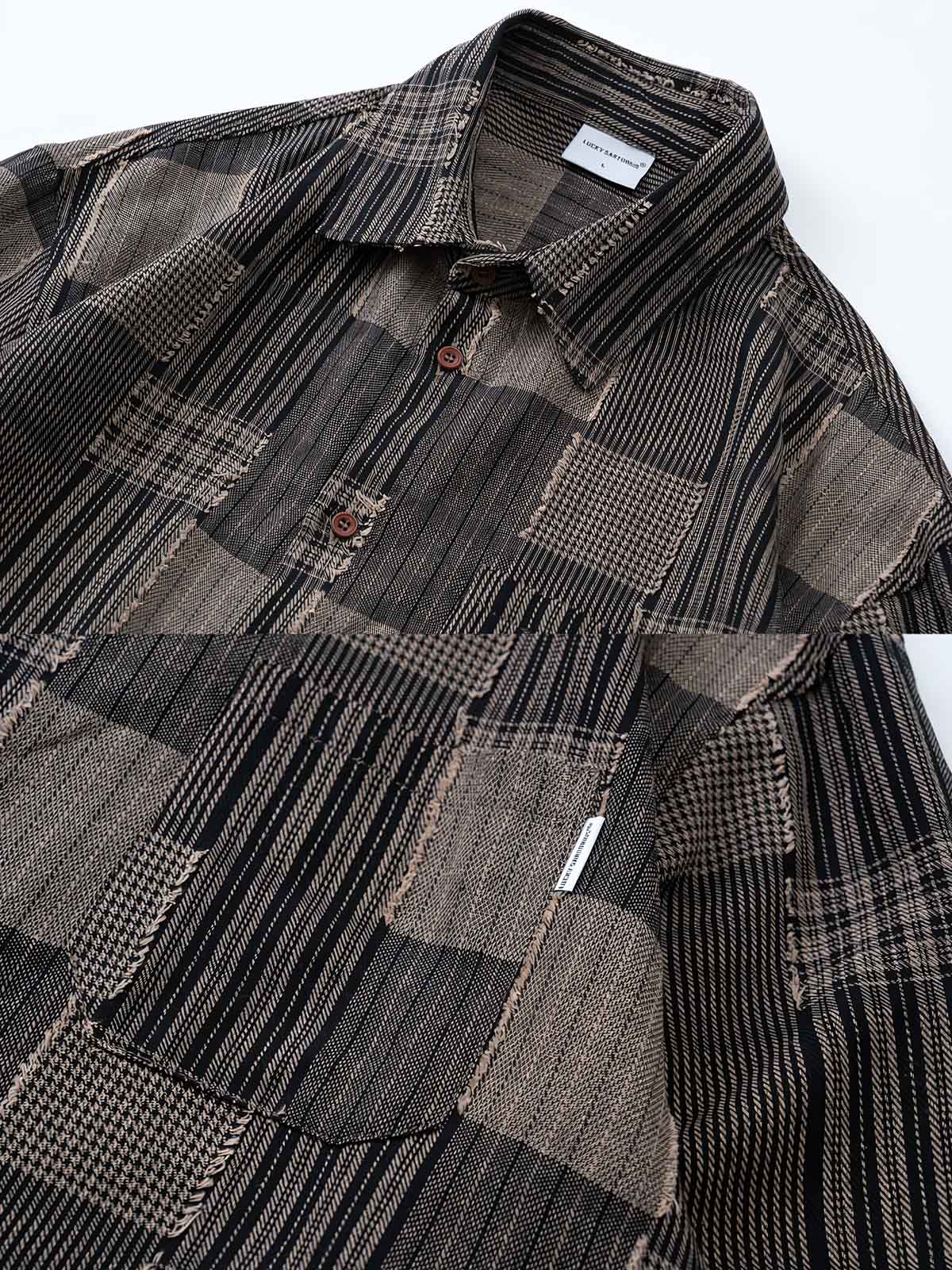 チェック柄とストライプのパッチワークデザインのディテール - ファッション性とレイヤード感