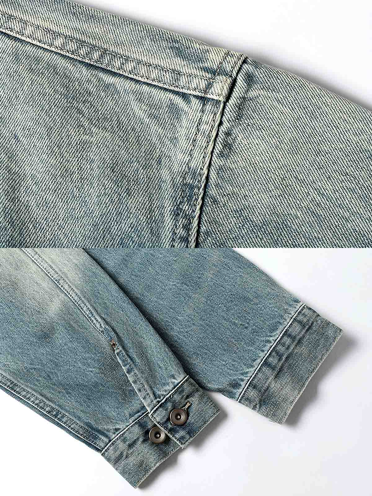 ウォッシュ加工されたボタンとコーデュロイ襟のディテール - 細部にこだわったデザイン