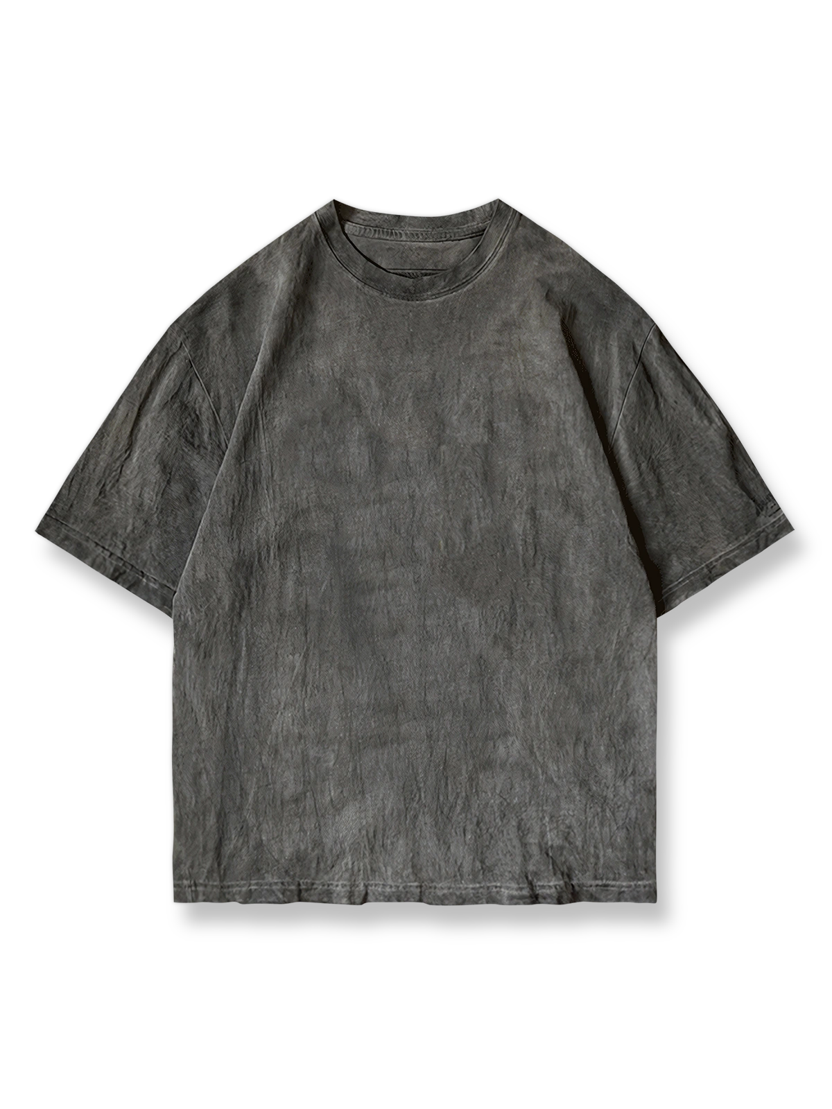 製品画像: 柿染ドロップショルダーTシャツの正面図、全体の染色効果とプリントデザインを展示
詳細画像: 袖口とプリントのディテールクローズアップ、手作業による染色とプリントの質感を表現