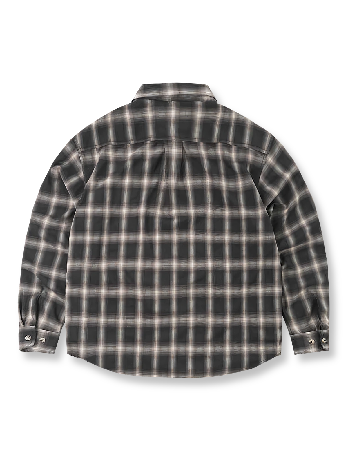 製品画像: ベーシックオーバーサイズのチェック長袖シャツ
詳細画像: チェックパターンと隠しポケットのディテール