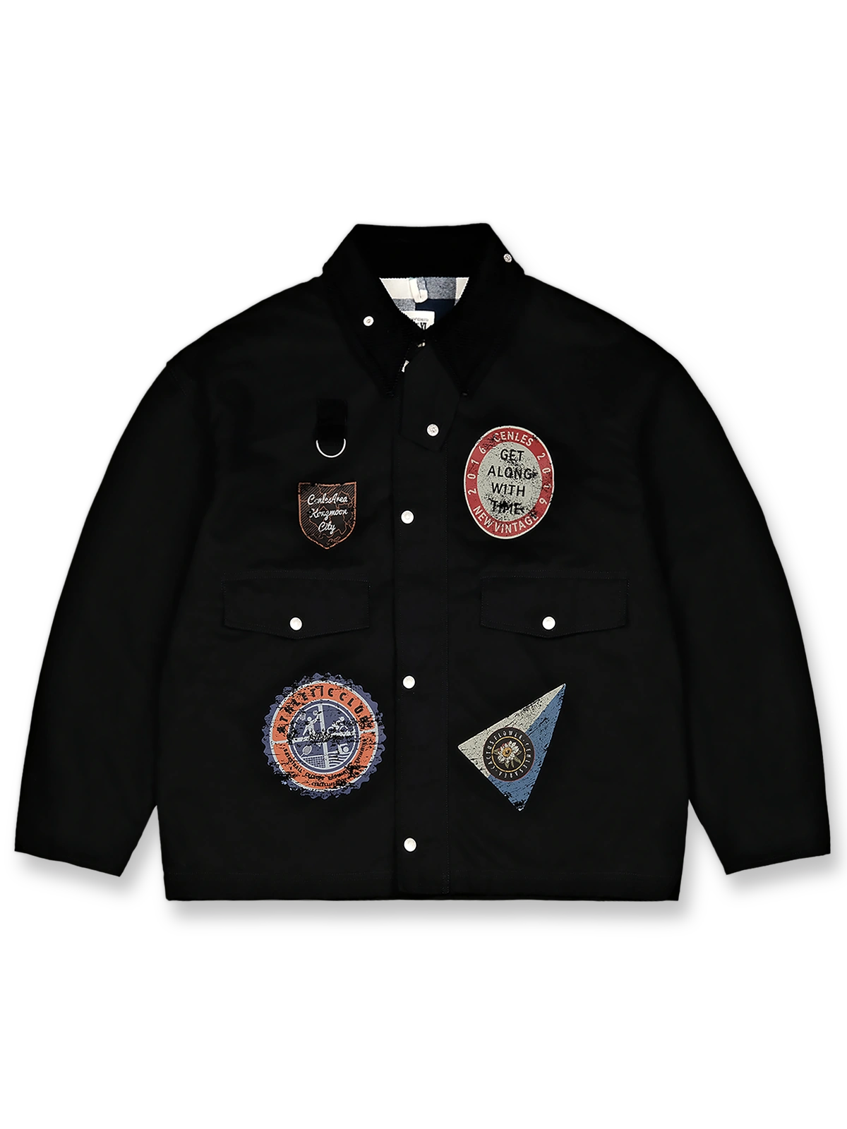 製品画像: ヴィンテージ風フェードプリントフィッシングハンティングジャケット、正面展示、アウトドア向けデザイン
詳細画像: フェードプリントとコーデュロイスタンドカラーのディテール特写、ヴィンテージ感溢れる仕上げ