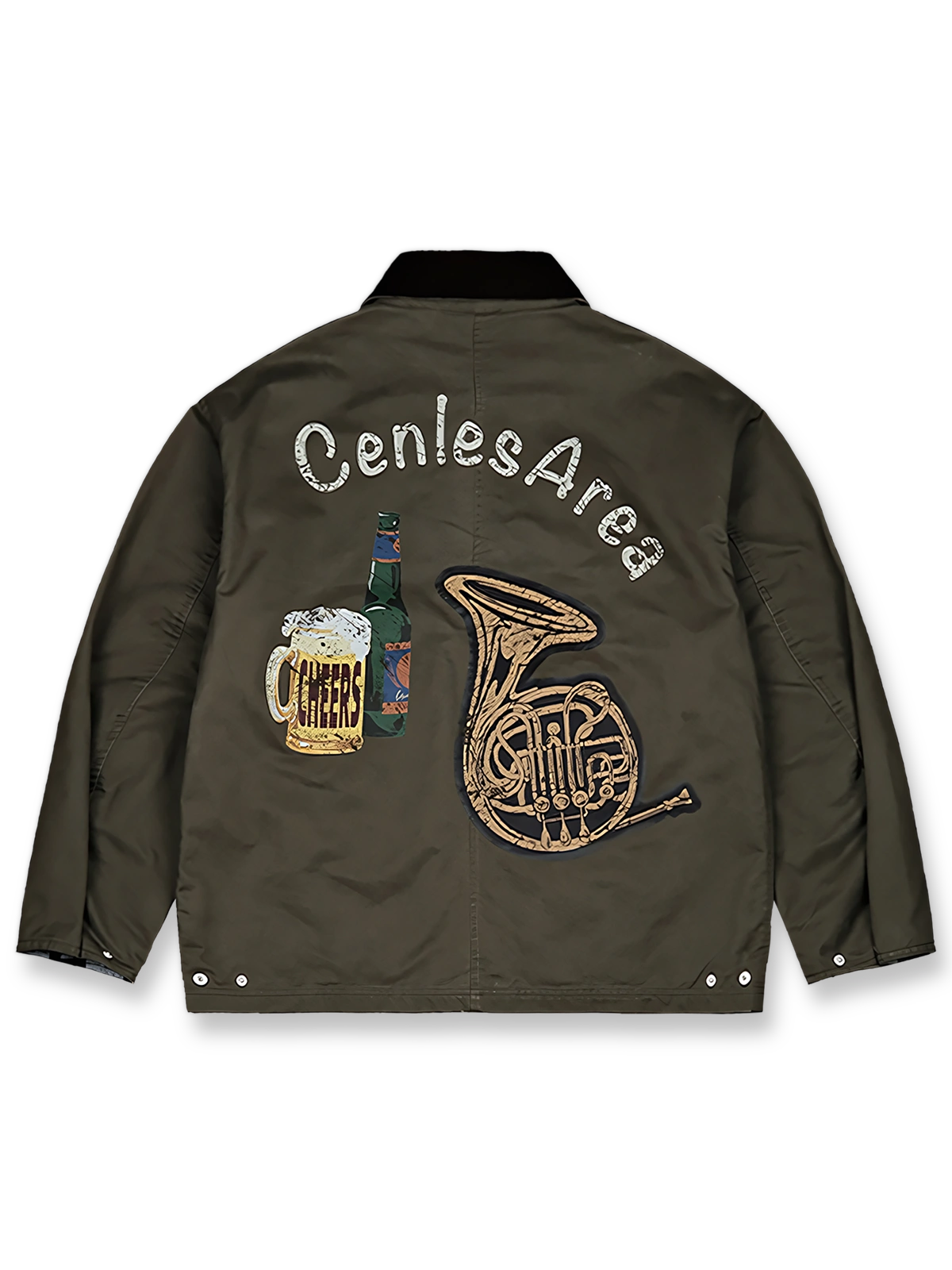 製品画像: ヴィンテージ風フェードプリントフィッシングハンティングジャケット、正面展示、アウトドア向けデザイン
詳細画像: フェードプリントとコーデュロイスタンドカラーのディテール特写、ヴィンテージ感溢れる仕上げ