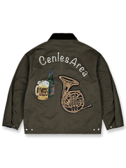 製品画像: ヴィンテージ風フェードプリントフィッシングハンティングジャケット、正面展示、アウトドア向けデザイン
詳細画像: フェードプリントとコーデュロイスタンドカラーのディテール特写、ヴィンテージ感溢れる仕上げ