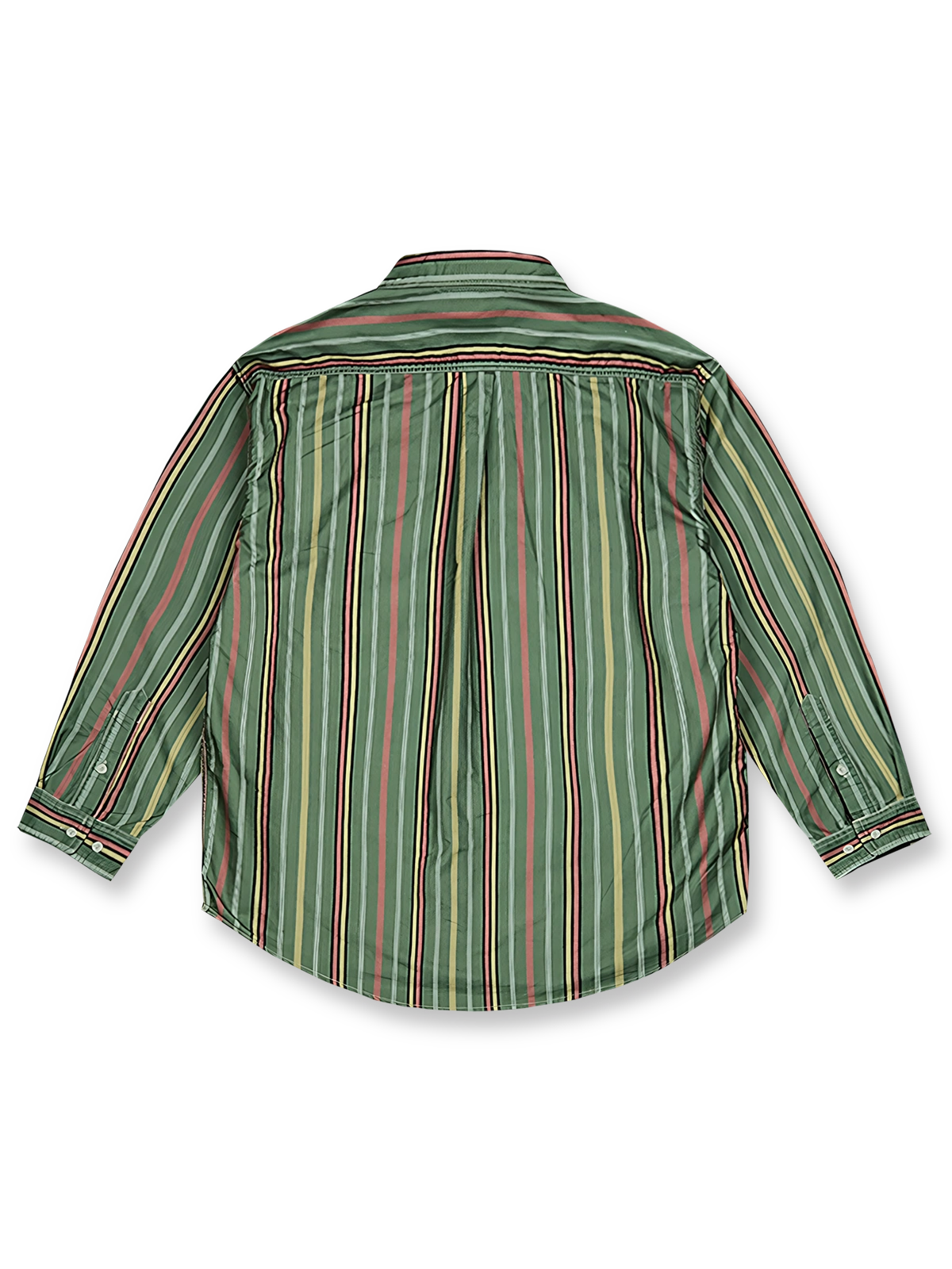 製品画像: ヴィンテージストライプウォッシュ加工が施された100%コーマコットンオックスフォード長袖シャツ、クラシックでリラックス感のあるアメリカンスタイル
詳細画像: ストーンウォッシュ加工でヴィンテージ感を表現したストライプデザイン、柔らかな質感と風合いを強調