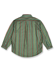 製品画像: ヴィンテージストライプウォッシュ加工が施された100%コーマコットンオックスフォード長袖シャツ、クラシックでリラックス感のあるアメリカンスタイル
詳細画像: ストーンウォッシュ加工でヴィンテージ感を表現したストライプデザイン、柔らかな質感と風合いを強調