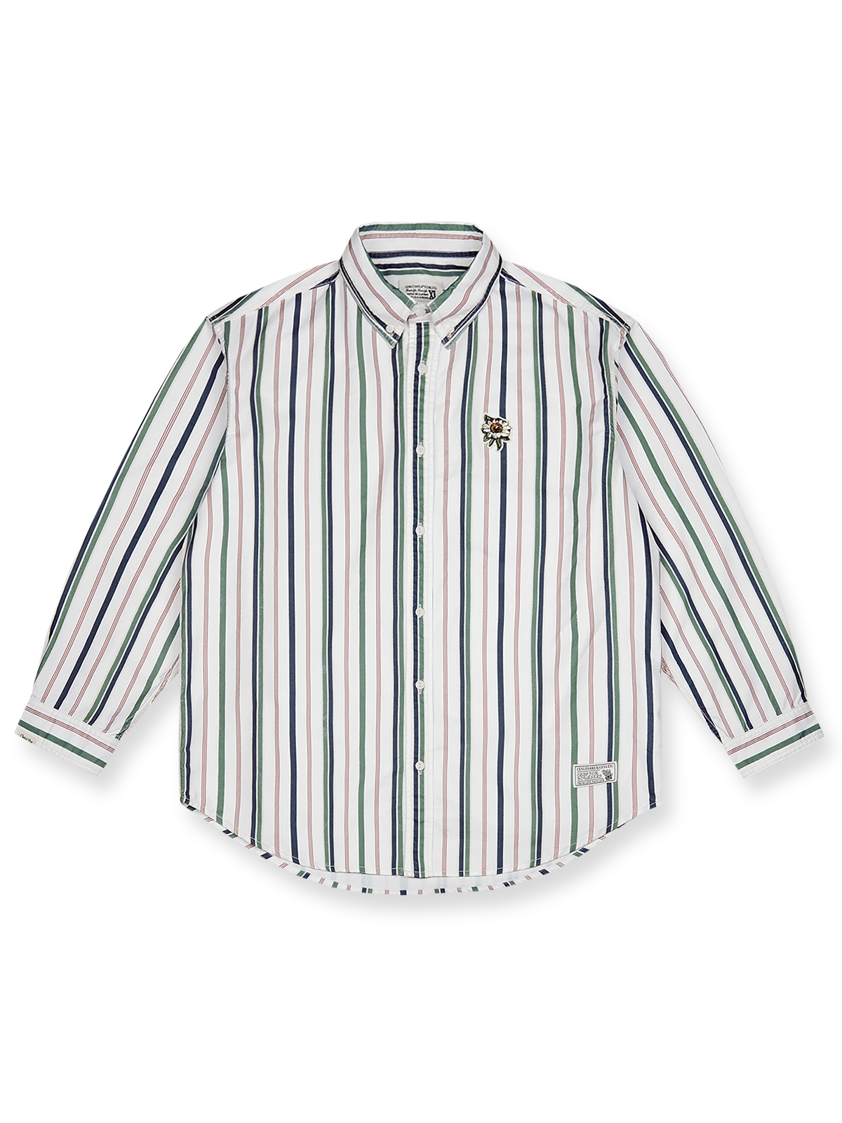 製品画像: ヴィンテージストライプウォッシュ加工が施された100%コーマコットンオックスフォード長袖シャツ、クラシックでリラックス感のあるアメリカンスタイル
詳細画像: ストーンウォッシュ加工でヴィンテージ感を表現したストライプデザイン、柔らかな質感と風合いを強調