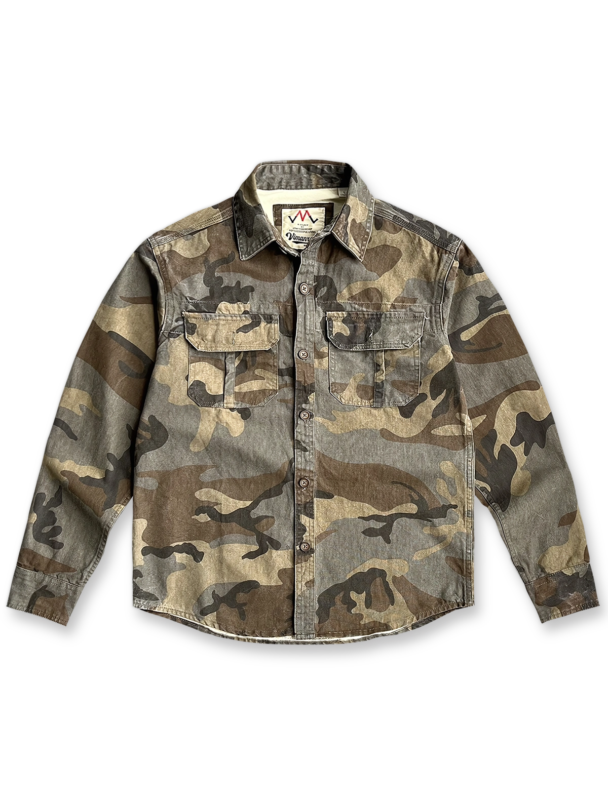 製品画像: ヴィンテージウォッシュ迷彩ワークシャツの平置き画像
詳細画像: 迷彩柄と胸ポケットのディテール特写
