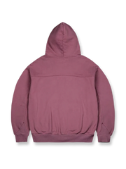 詳細画像: YKK製ダブルジッパーとアイボリーの編み込みコットン紐のディテール、ヴィンテージ感を高めるアクセント特写
モデル画像: モデル着用のマゼンタピンクのショート丈ボクシーシルエットフルジップパーカー、カジュアルで個性的なスタイルを表現