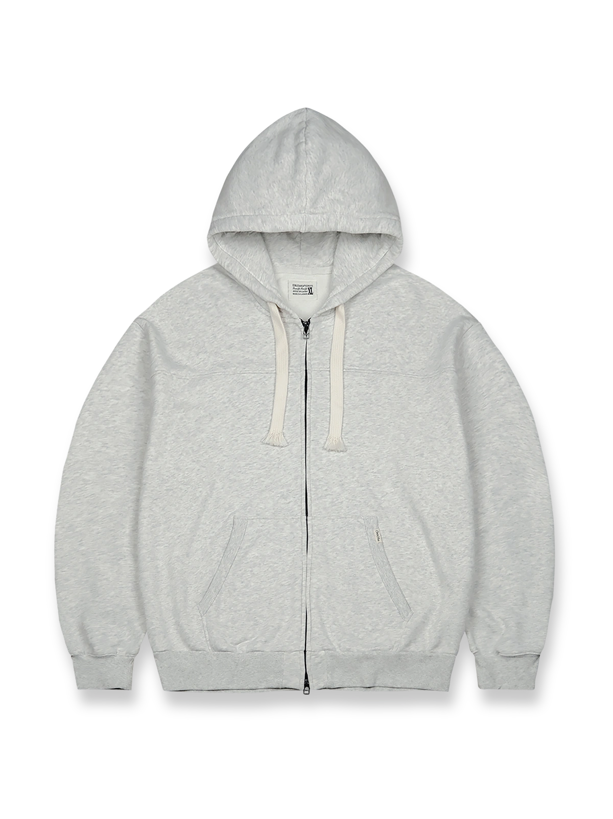 製品画像: ヴィンテージライクなデザインが特徴の360g裏起毛コットン素材フルジップパーカー、ネイビー、グレー、マゼンタピンクの3色展開
詳細画像: YKK製ダブルジッパーとアイボリーの編み込みコットン紐のディテール、ヴィンテージ感を高めるアクセント特写