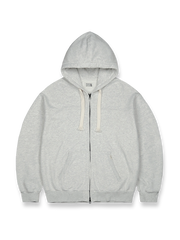 製品画像: ヴィンテージライクなデザインが特徴の360g裏起毛コットン素材フルジップパーカー、ネイビー、グレー、マゼンタピンクの3色展開
詳細画像: YKK製ダブルジッパーとアイボリーの編み込みコットン紐のディテール、ヴィンテージ感を高めるアクセント特写