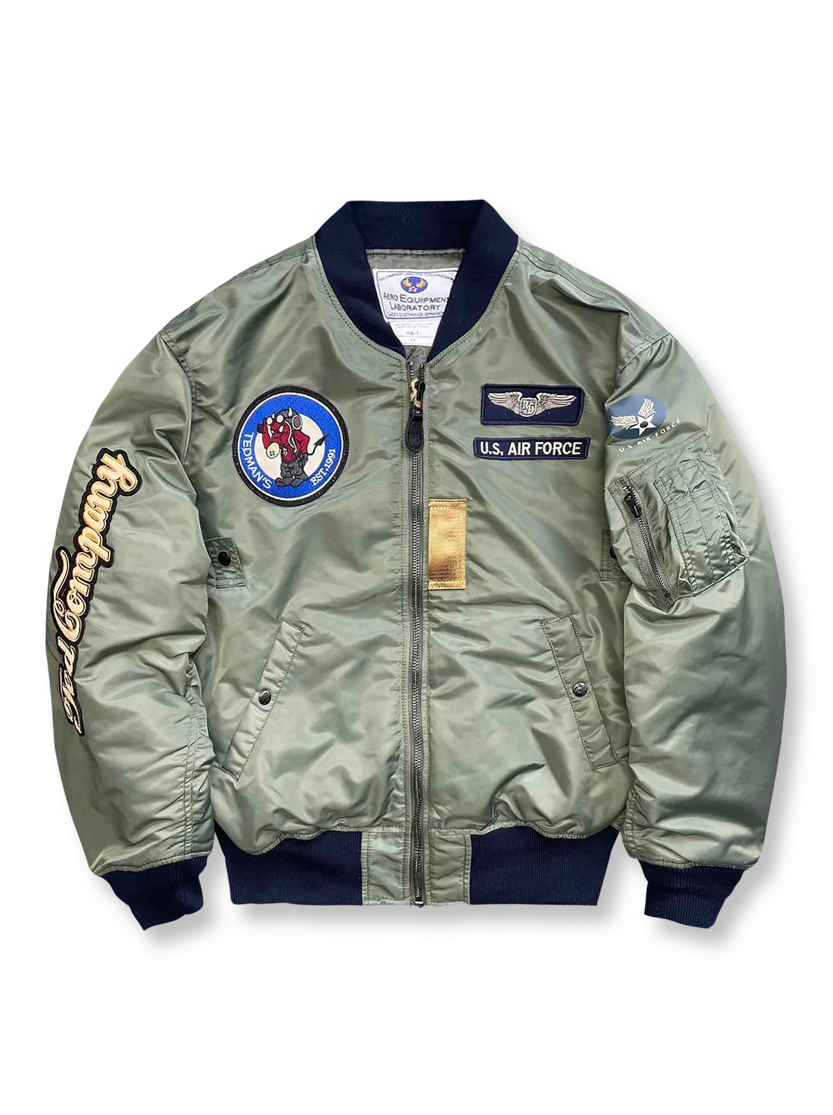 製品画像: ホットロッド・デビル (Hot Rod Devil) テーマのデュポン防水フライトジャケット全体画像
詳細画像: ホットロッド・デビル刺繍とフライトジャケットのデザインディテール