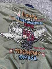 製品画像: ホットロッド・デビル (Hot Rod Devil) テーマのデュポン防水フライトジャケット全体画像
詳細画像: ホットロッド・デビル刺繍とフライトジャケットのデザインディテール