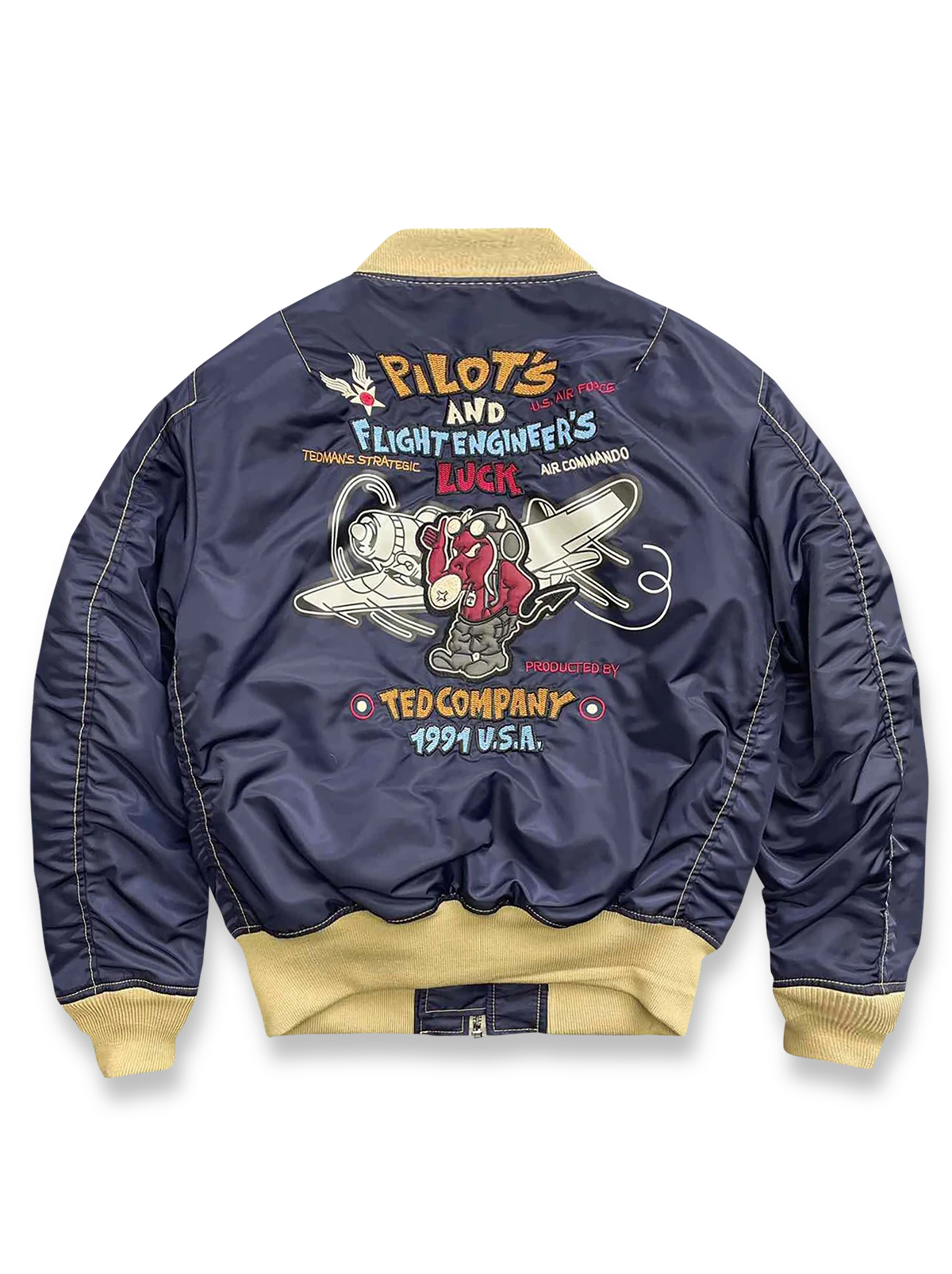 製品画像: ホットロッド・デビル (Hot Rod Devil) テーマのデュポン防水フライトジャケット全体画像
詳細画像: ホットロッド・デビル刺繍とフライトジャケットのデザインディテール