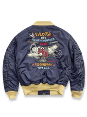 製品画像: ホットロッド・デビル (Hot Rod Devil) テーマのデュポン防水フライトジャケット全体画像
詳細画像: ホットロッド・デビル刺繍とフライトジャケットのデザインディテール