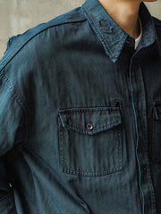 手作り古法 植物染め ヘリンボーン 長袖シャツ