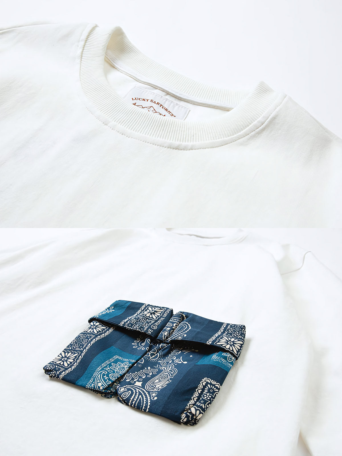 肘と胴部のペイズリー柄パッチワークのディテール