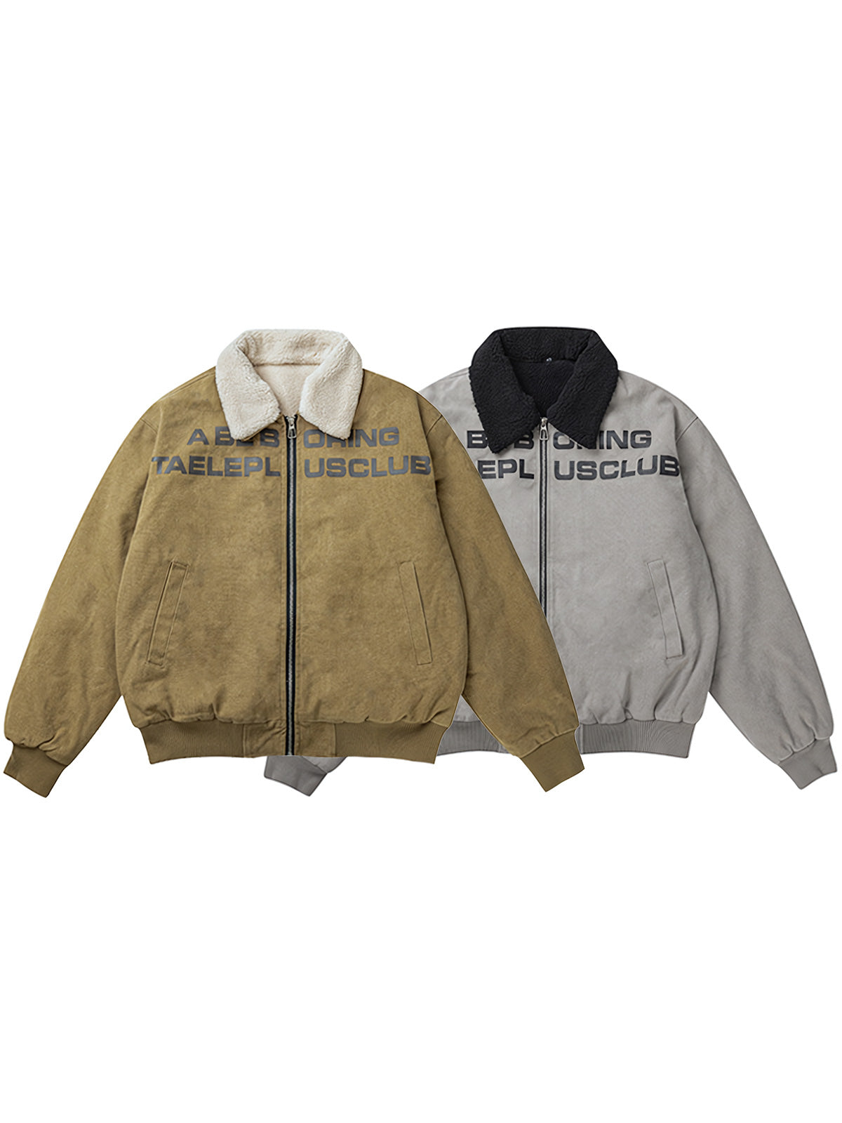 製品画像:フェイクボア襟付き取り外し可能なワークコートの正面展示。ヴィンテージワークスタイルのコート。
詳細画像:取り外し可能なフェイクボア襟とジッパーのディテール。デザインと実用性を兼ね備えたディテール。