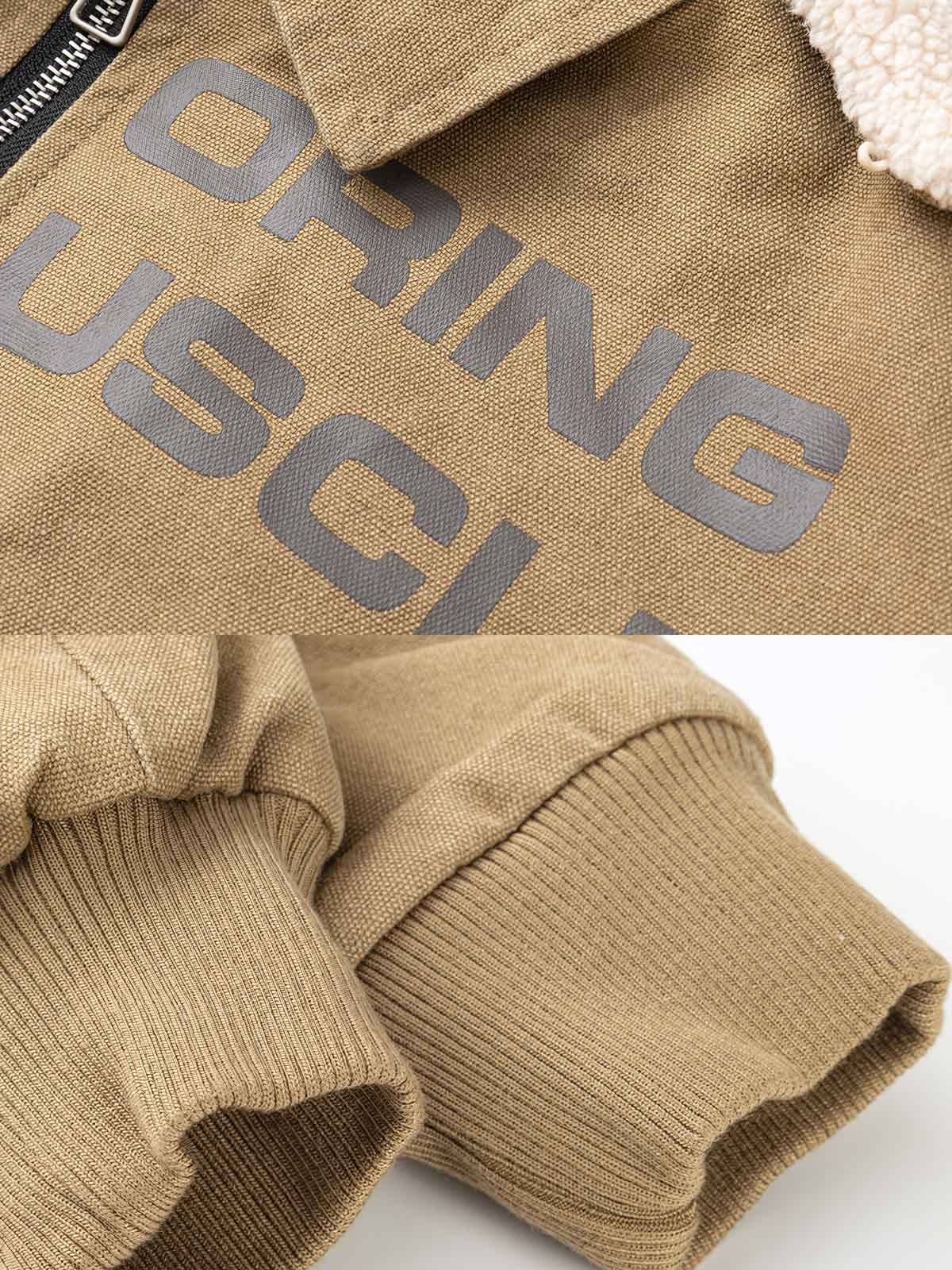 製品画像:フェイクボア襟付き取り外し可能なワークコートの正面展示。ヴィンテージワークスタイルのコート。
詳細画像:取り外し可能なフェイクボア襟とジッパーのディテール。デザインと実用性を兼ね備えたディテール。