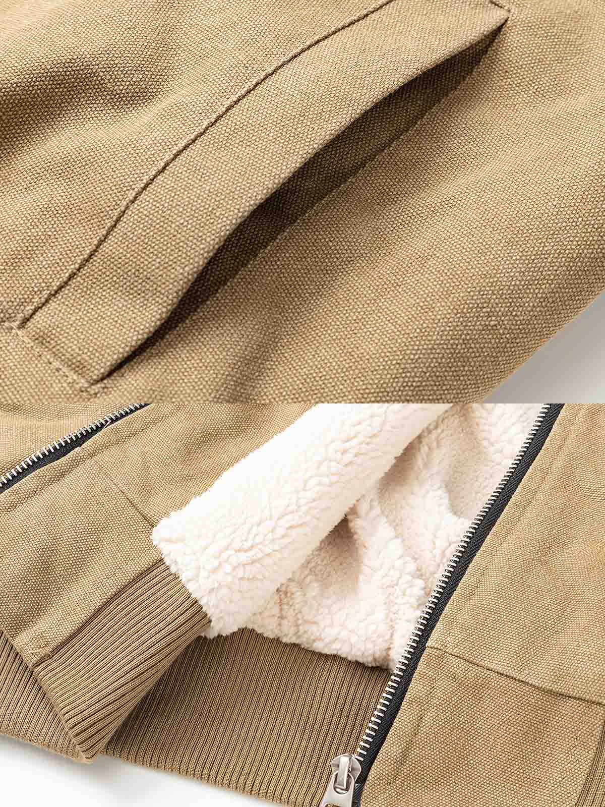 製品画像:フェイクボア襟付き取り外し可能なワークコートの正面展示。ヴィンテージワークスタイルのコート。
詳細画像:取り外し可能なフェイクボア襟とジッパーのディテール。デザインと実用性を兼ね備えたディテール。