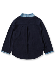 製品画像:コーデュロイ配色タイ付きはんてん風アウターの正面展示。ヴィンテージ感あふれるデザインが特徴。
詳細画像:襟元と袖口の配色デザインとタイ付きディテール。シンプルかつ個性的なデザイン。