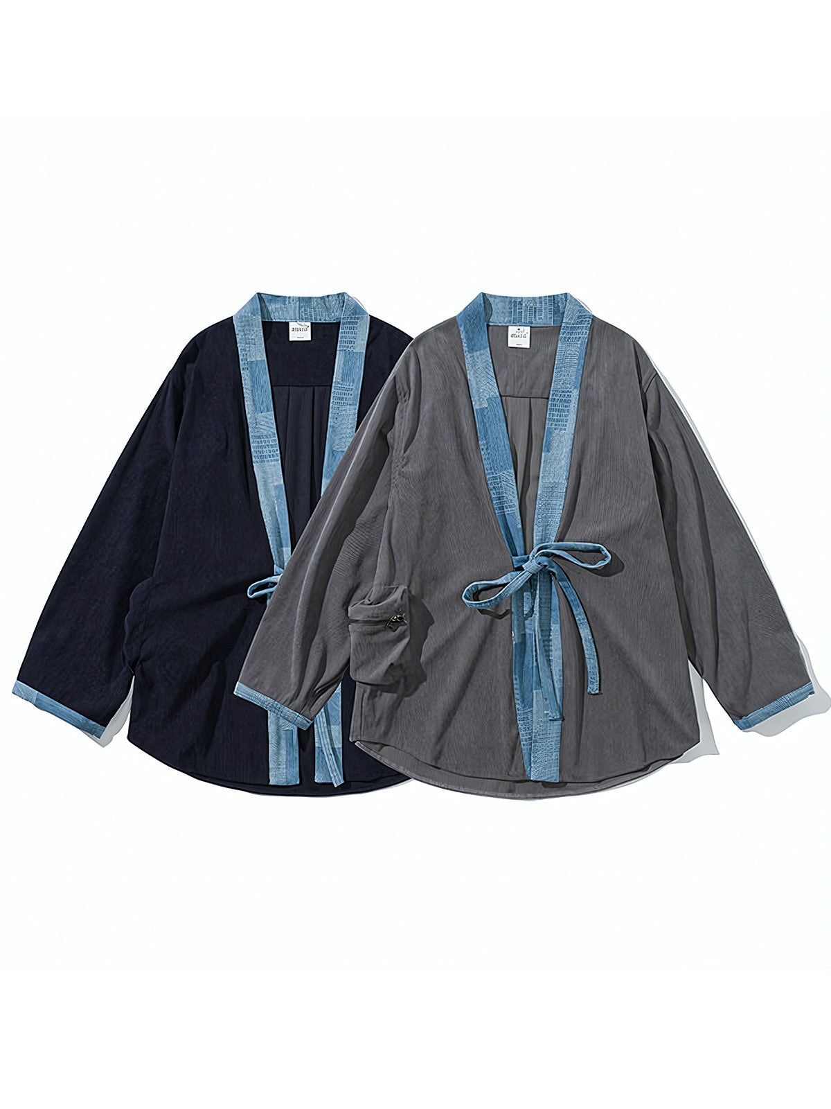 製品画像:コーデュロイ配色タイ付きはんてん風アウターの正面展示。ヴィンテージ感あふれるデザインが特徴。
詳細画像:襟元と袖口の配色デザインとタイ付きディテール。シンプルかつ個性的なデザイン。