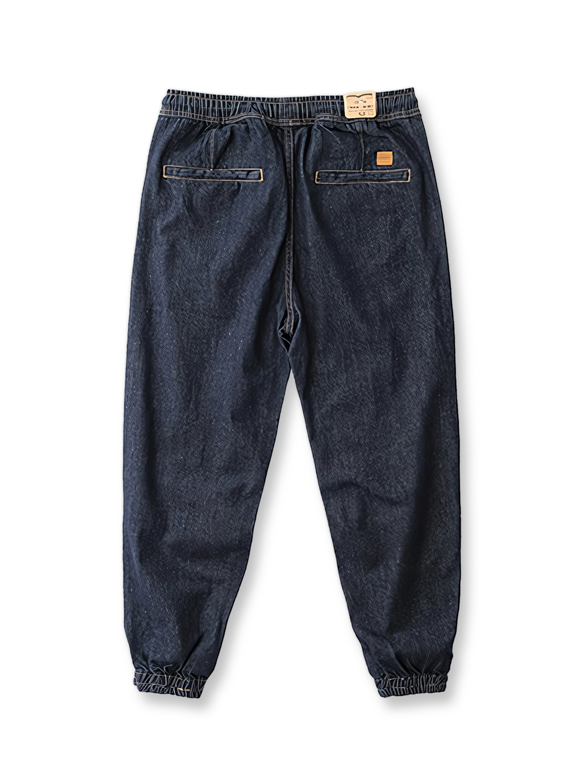 製品画像: リラックスシルエットのテーパードジョガーデニムパンツの全体ビュー
詳細画像: ウエスト部分のドローコードと裾リブデザインのディテール