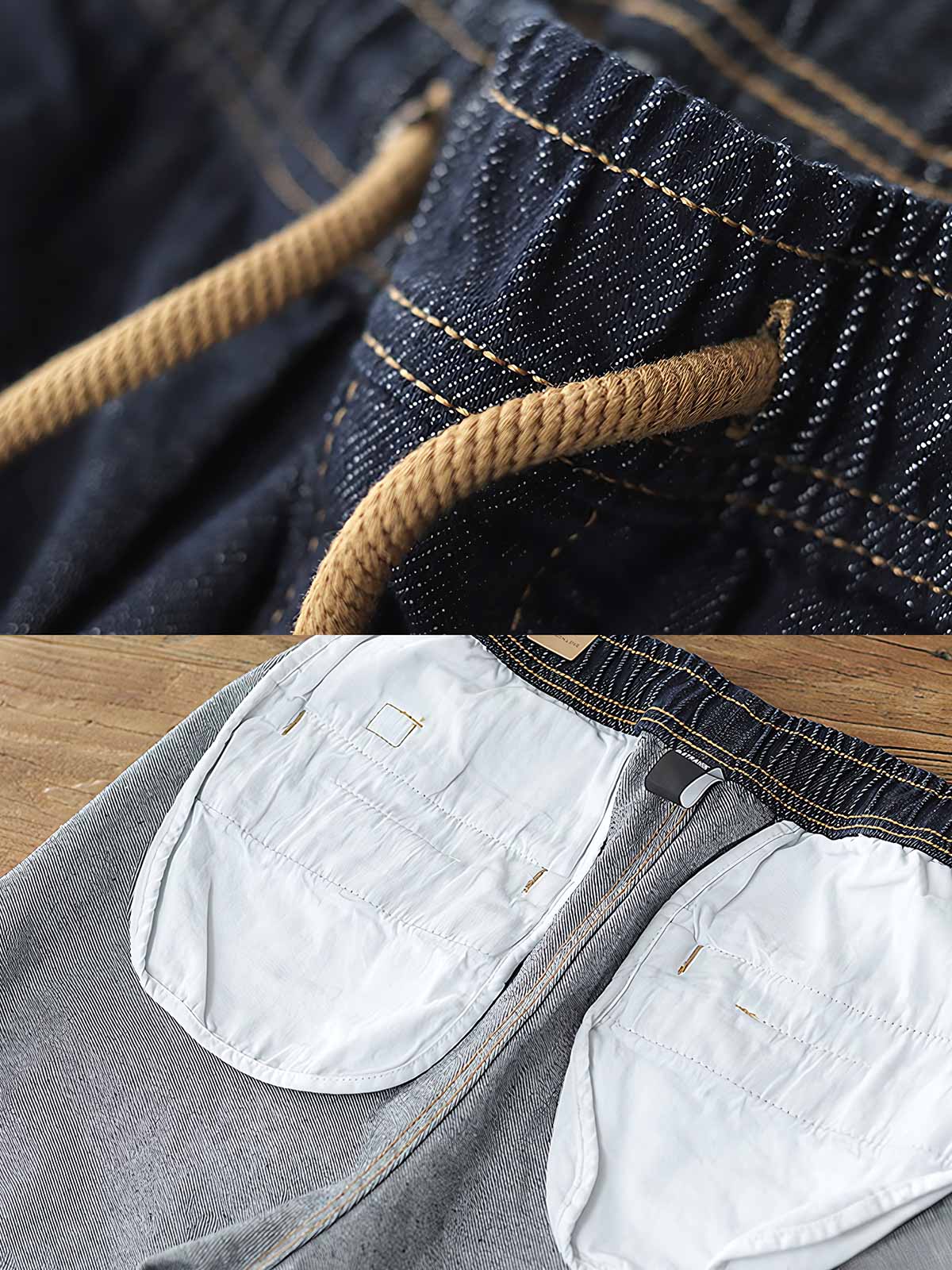 製品画像: リラックスシルエットのテーパードジョガーデニムパンツの全体ビュー
詳細画像: ウエスト部分のドローコードと裾リブデザインのディテール