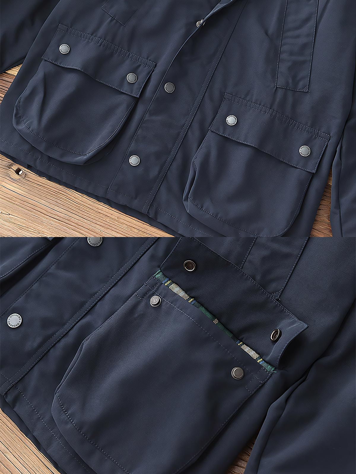 製品画像: "ヴィンテージコーデュロイ襟オイルドハンティングジャケットの正面ビュー、防風・防水のクラシックデザイン"
詳細画像: "コーデュロイ襟とYKKダブルジッパーのディテール特写、耐久性のあるオイルド加工"