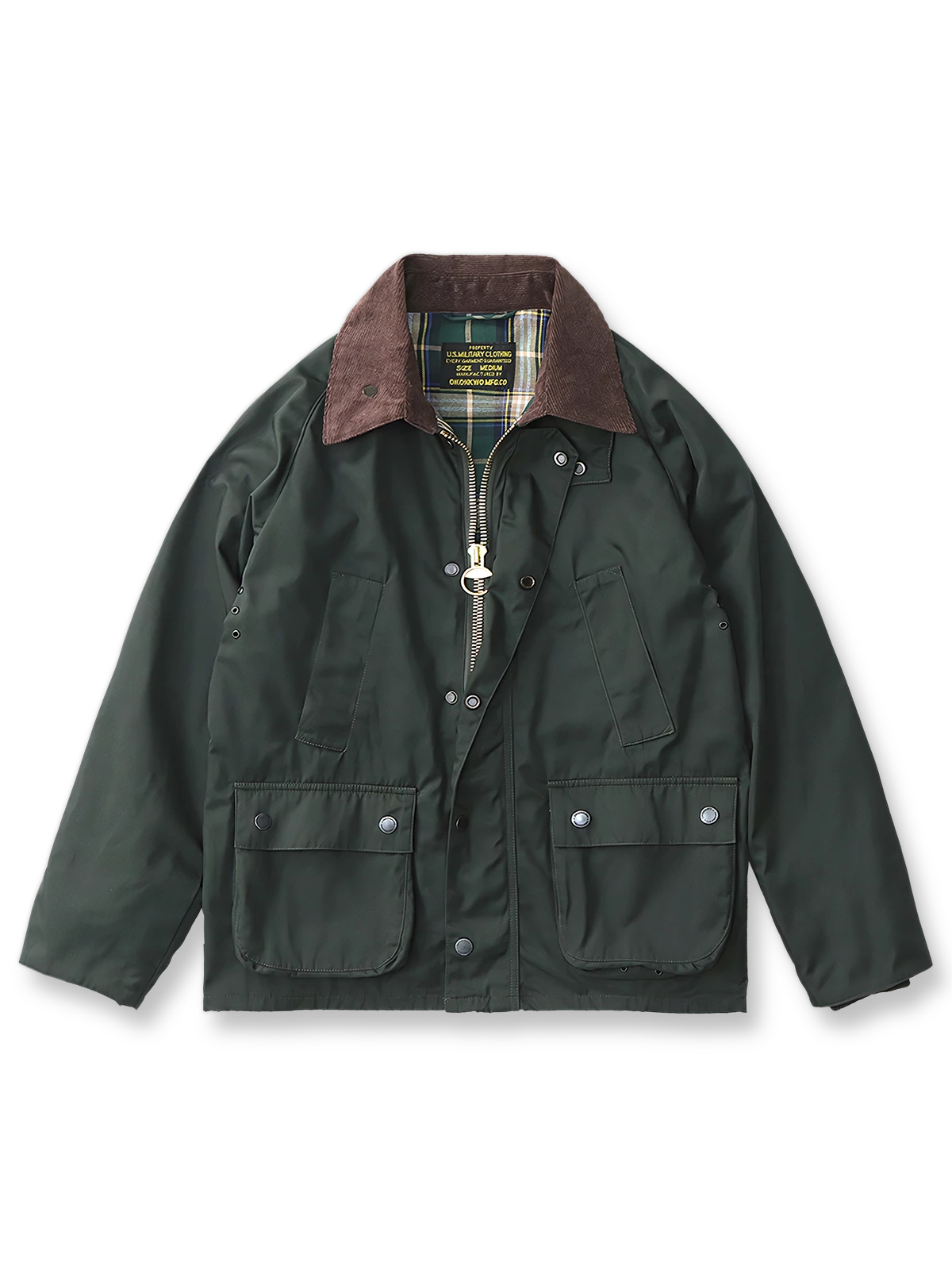 製品画像: "ヴィンテージコーデュロイ襟オイルドハンティングジャケットの正面ビュー、防風・防水のクラシックデザイン"
詳細画像: "コーデュロイ襟とYKKダブルジッパーのディテール特写、耐久性のあるオイルド加工"