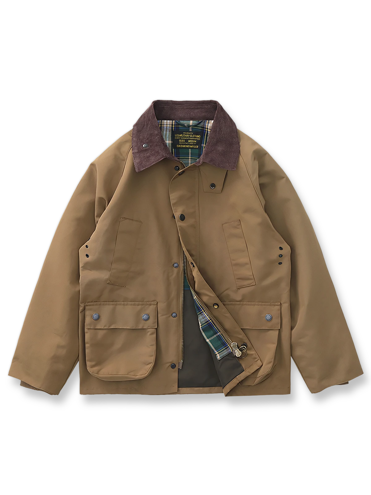 製品画像: "ヴィンテージコーデュロイ襟オイルドハンティングジャケットの正面ビュー、防風・防水のクラシックデザイン"
詳細画像: "コーデュロイ襟とYKKダブルジッパーのディテール特写、耐久性のあるオイルド加工"